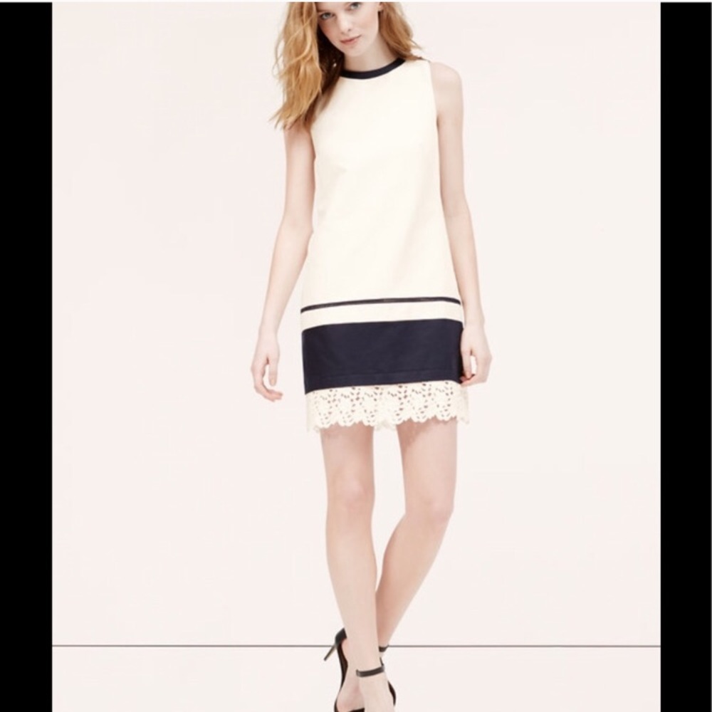 Loft sleeveless off white/Navy shift dress w/lace